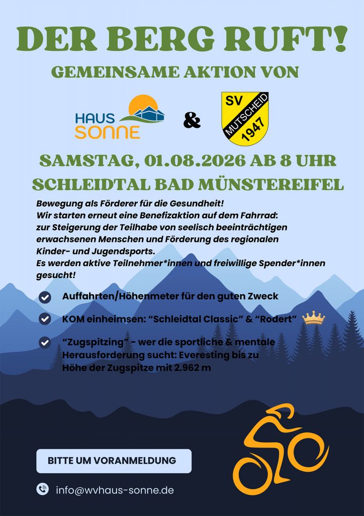 Der Berg ruft: Mit diesem Plakat werben die Veranstalter, der Wohn- und Betreuungsverbund Haus Sonne und der SV 47 Mutscheid, für die Benefiz-Radaktion am Samstag, 1. August. Grafik: Veranstalter/pp/Agentur ProfiPress